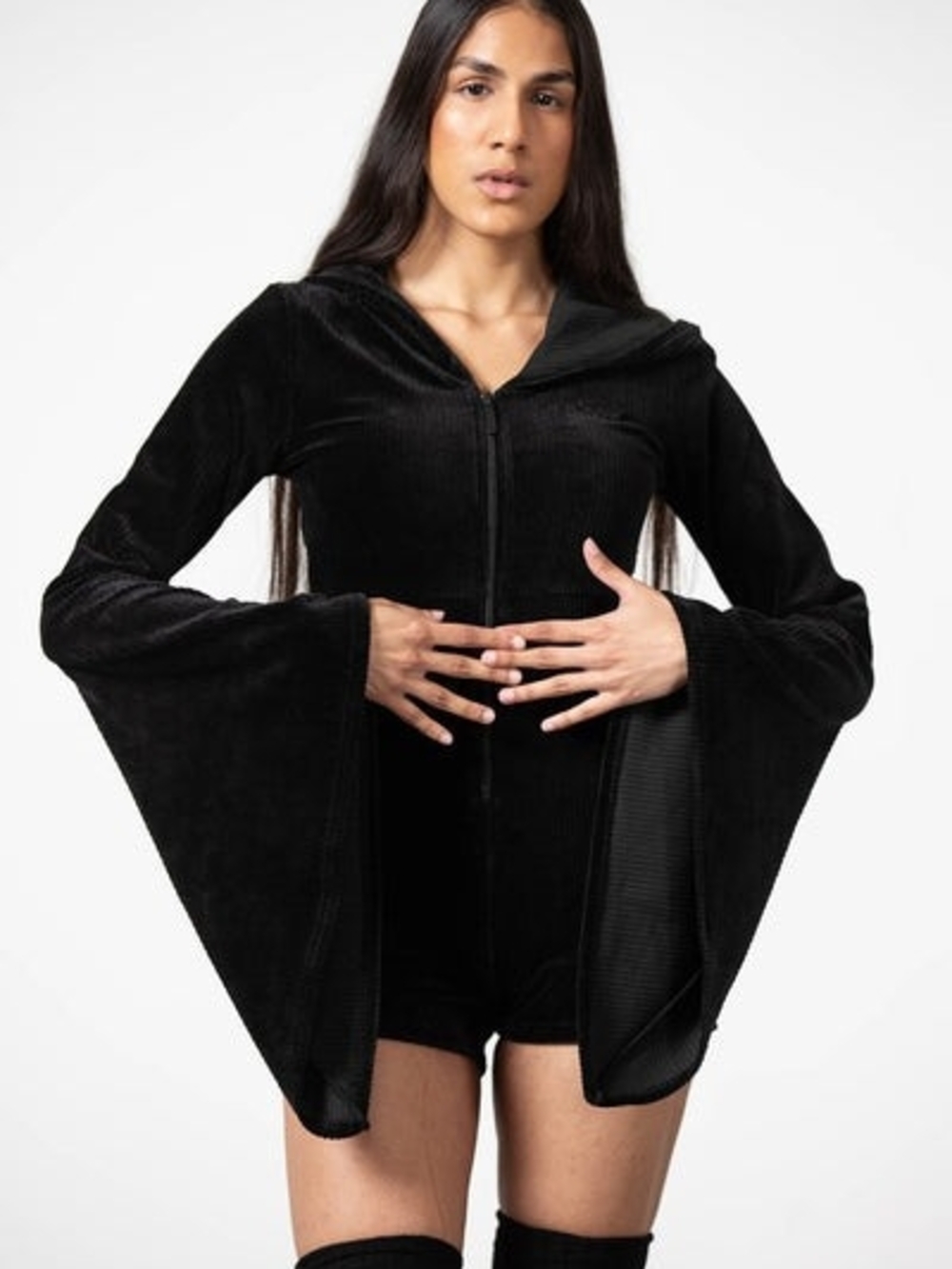 Killstar Black Velvet Hooded Romper with Dramatic Bell Sleeves